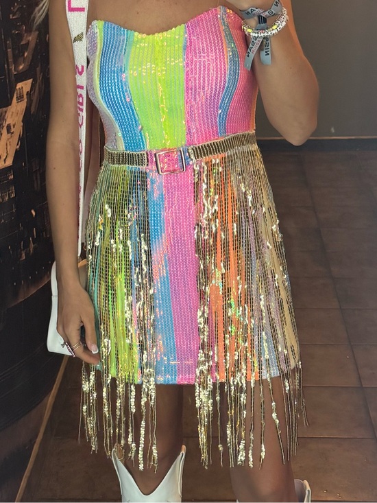 Dresses & Skirts - Rainbow Sequin Fringe Mini Dress with Gold Tassels